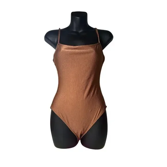 Aerie Brown ribbed one piece beach swimsuit scoop back Small New - Picture 4 of 4